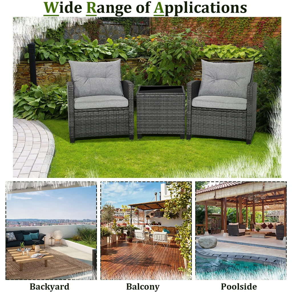 2026 NewGymax 3PCS Patio Rattan Sofa Set Outdoor Wicker Conversation Set Glass Tabletop w/ Grey Cushion