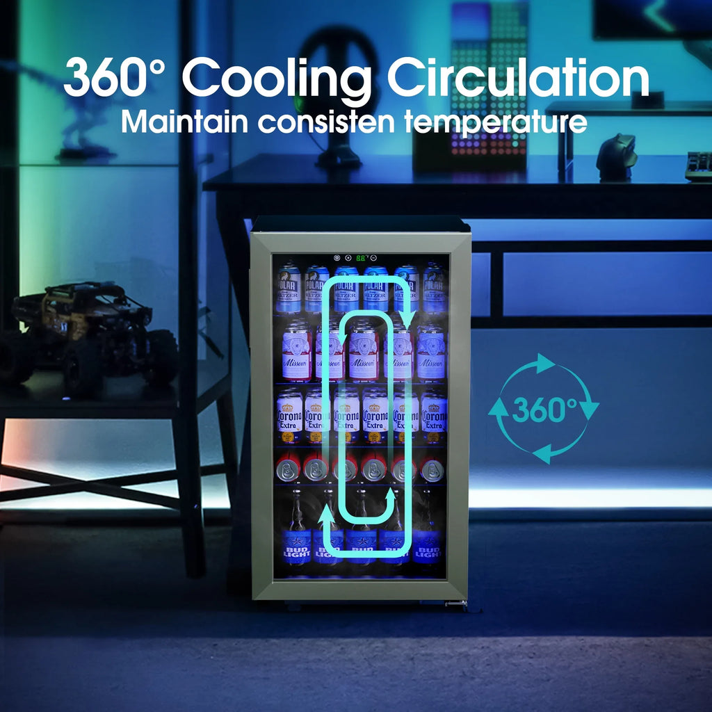 2026 NewQunler 130 Can Beverage Cooler Refrigerator with Glass Door for Beer Soda Water, Drink Fridge for Home Bar, Silver