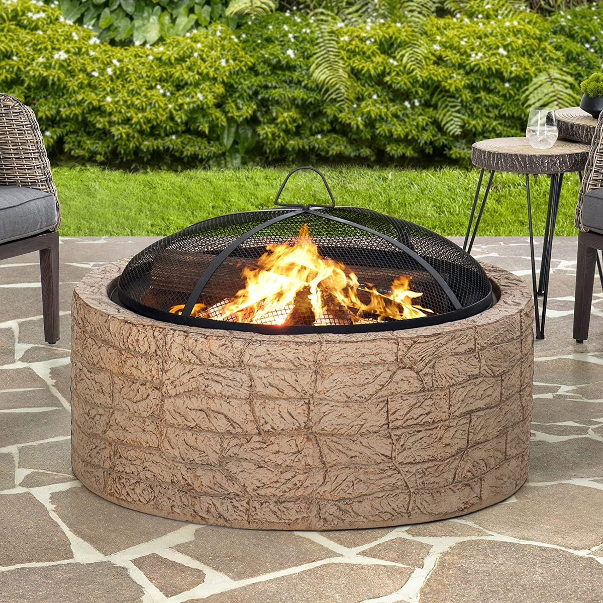 2026 NewSunjoy Stone Fire Pit 26 Inch, Outdoor Round Wood Burning Fire Pits with Spark Screen and Poker Grey