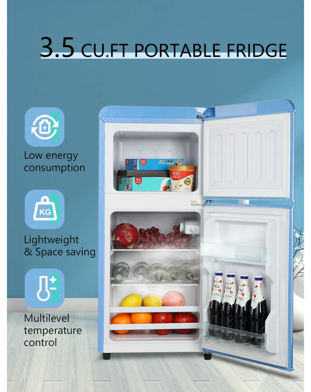 3.5 Cu.Ft Compact Mini Fridge with Freezer, 2-Door Small Refrigerator with 7-Level Thermostat & Removable Shelves for Kitchen, Dorm, Apartment, Bar, Office-Black-