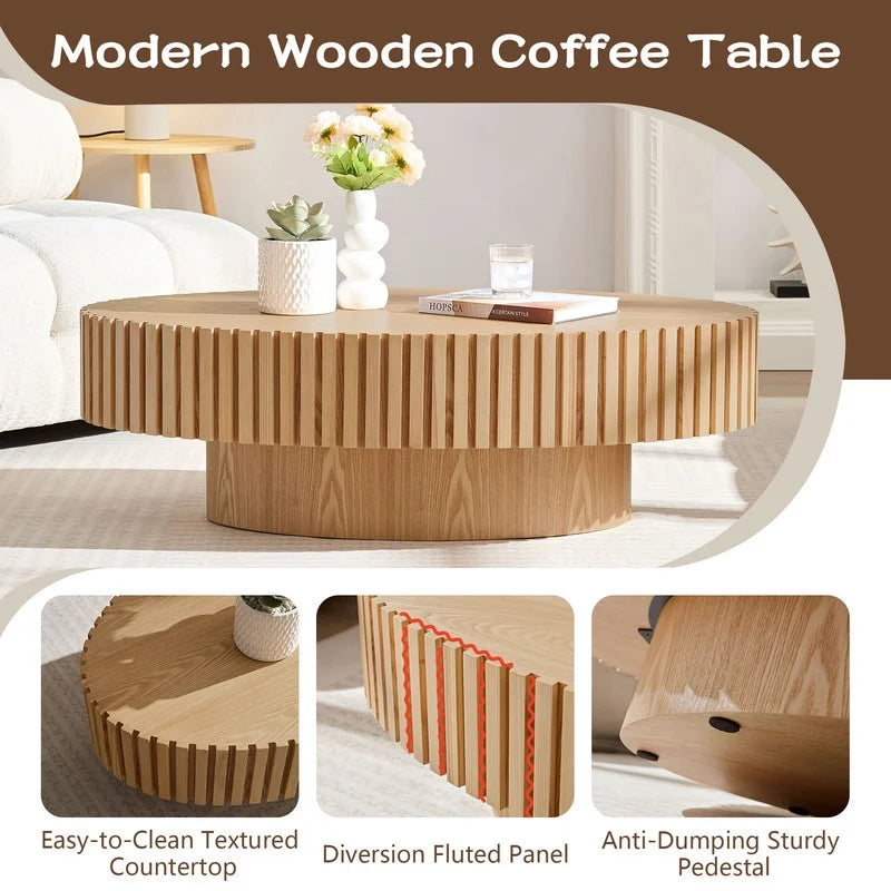 2026 NewFFH 43.7 inch Oval Coffee Table for Living Room,Handcraft Rustic Corner Coffee Table Nature Wood Relief Sturdy Pedestal for Apartmen,Side Table Centre Table,Nature Wood