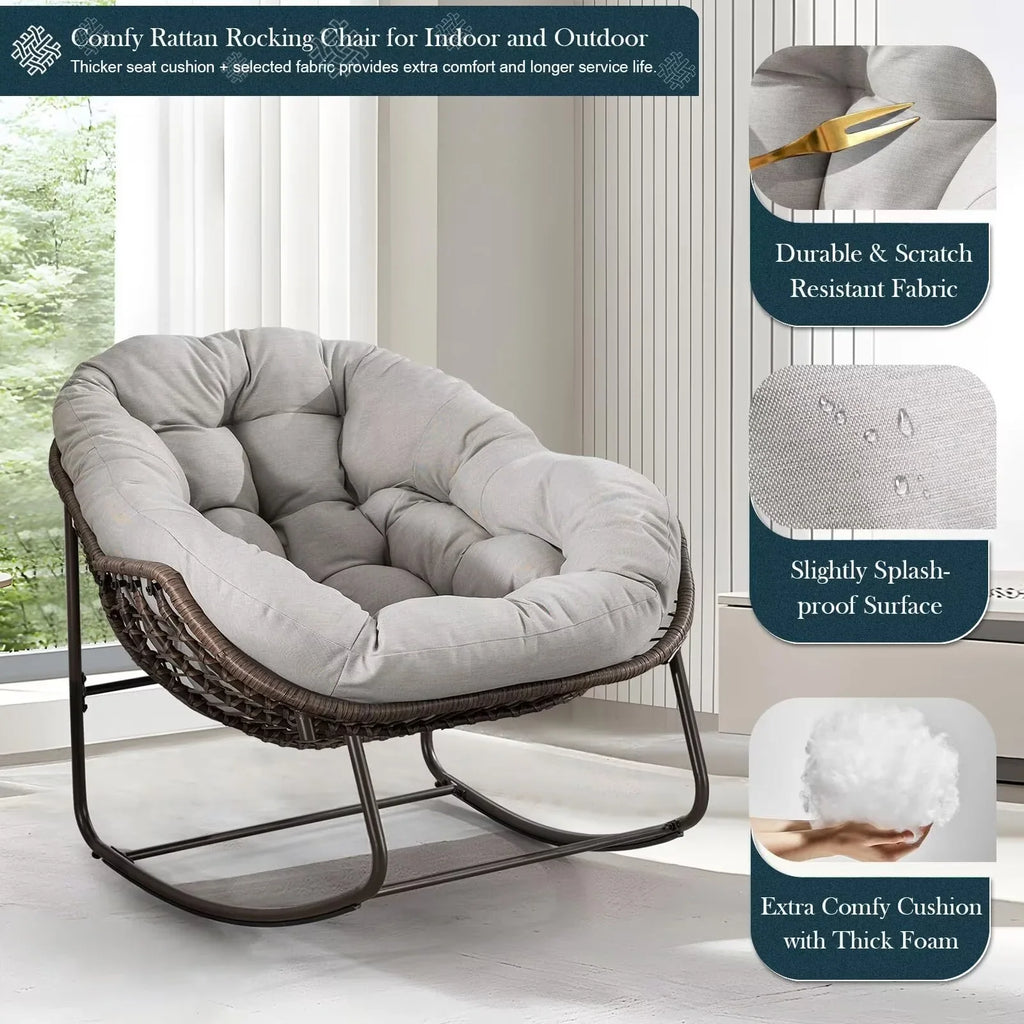 2026 NewOutdoor Papasan Rocking Chair, Patio Oversized Wicker Egg Rocking Chair, Indoor & Outdoor Comfy Rocker Chair with Thick Cushion, Modern Lounge Chair for Front Porch, Garden, Backyard, Grey