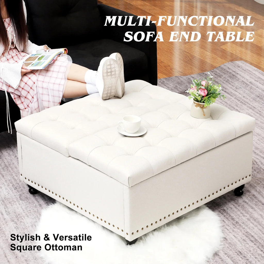 2026 NewMagic Union 35" Large Square Storage Ottoman, Oversized Square Ottoman with Storage, Tufted Upholstered Ottoman Coffee Table with Lift Top for Living Room (Beige)