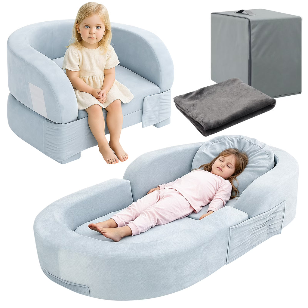 2026 NewCoumy Toddler Travel Bed 2-in-1 Kids Sofa Chair with Removable Cover, Soft Foam Portable Foldable Toddler Bed for Travel with Carrying Bag, Blue