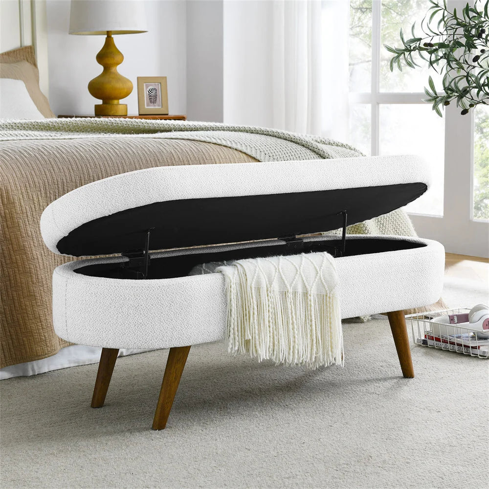 2026 New43.5" Oval Storage Ottoman Bench with Solid Wood Legs, Linen Fabric Upholstered Entryway Bench with Safety Hinge, Indoor Bench for End of Bed, Sofa Side, Entryway