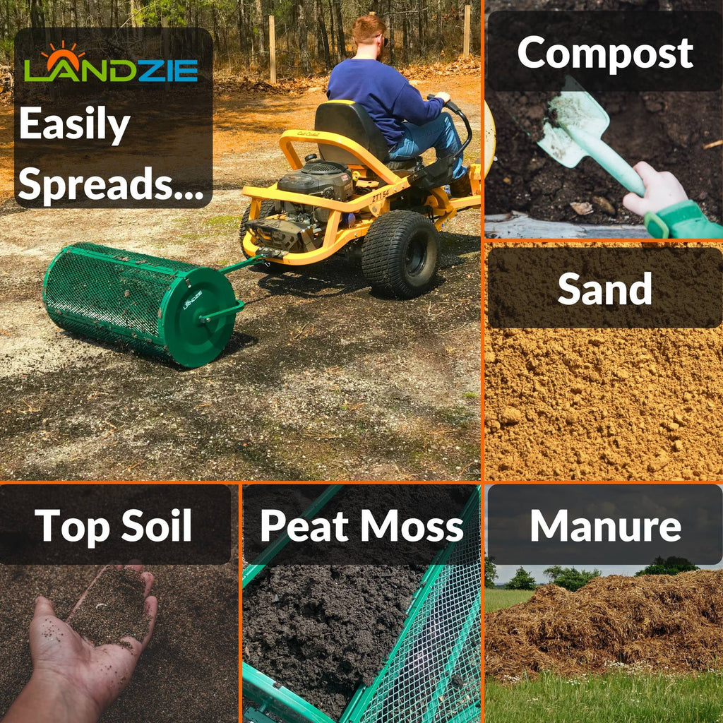 2026 NewLandzie Compost Spreader 24 Inch Walk-Behind Lawn & Garden Spreader with Metal Mesh Basket