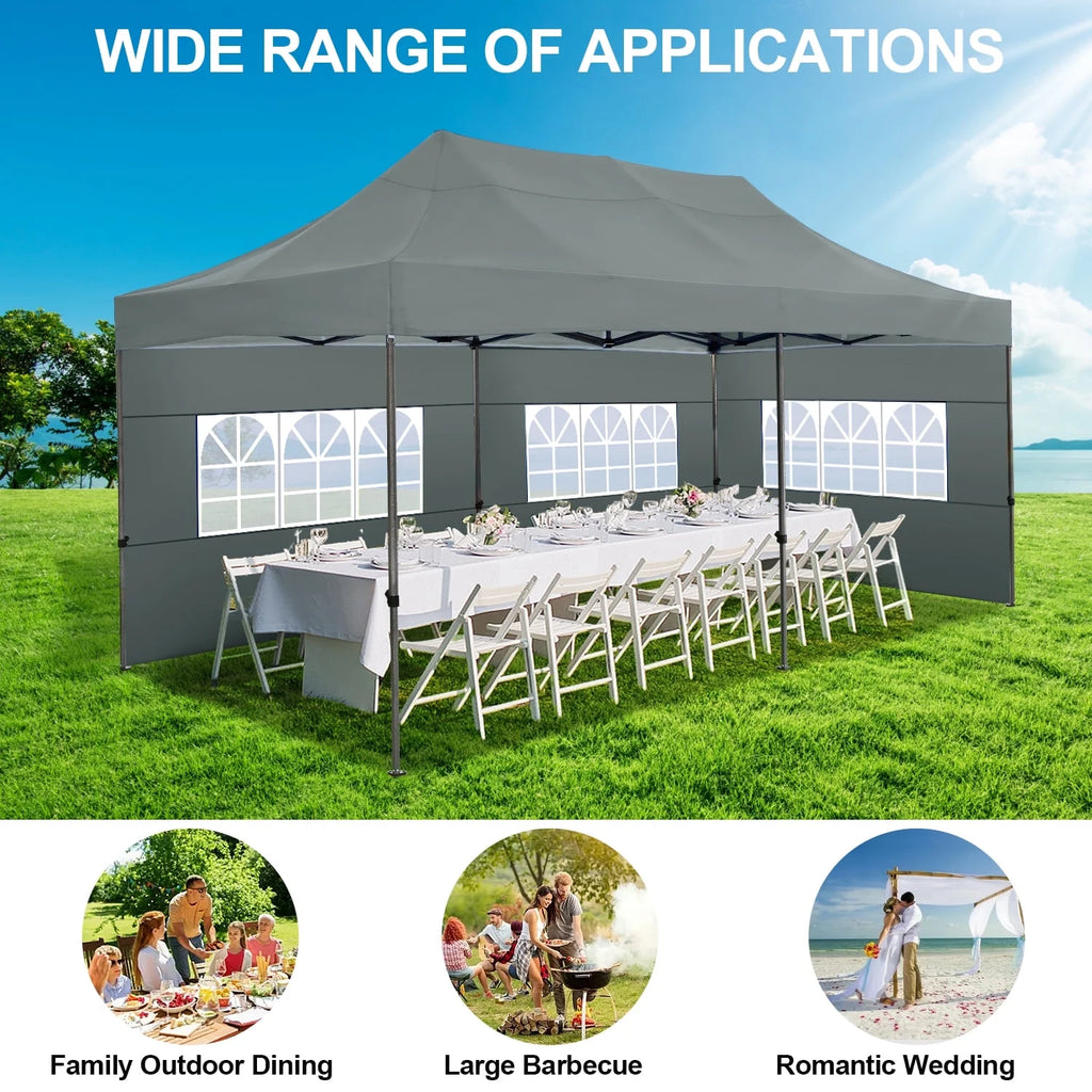 SANOPY 10'x20' Pop Up Canopy Waterproof Folding Tent Outdoor Easy Set-up Instant Tent Heavy Duty Commercial Wedding Party Shelter with 6 Removable Sidewalls, 4 Sandbags, Roller Bag, Black