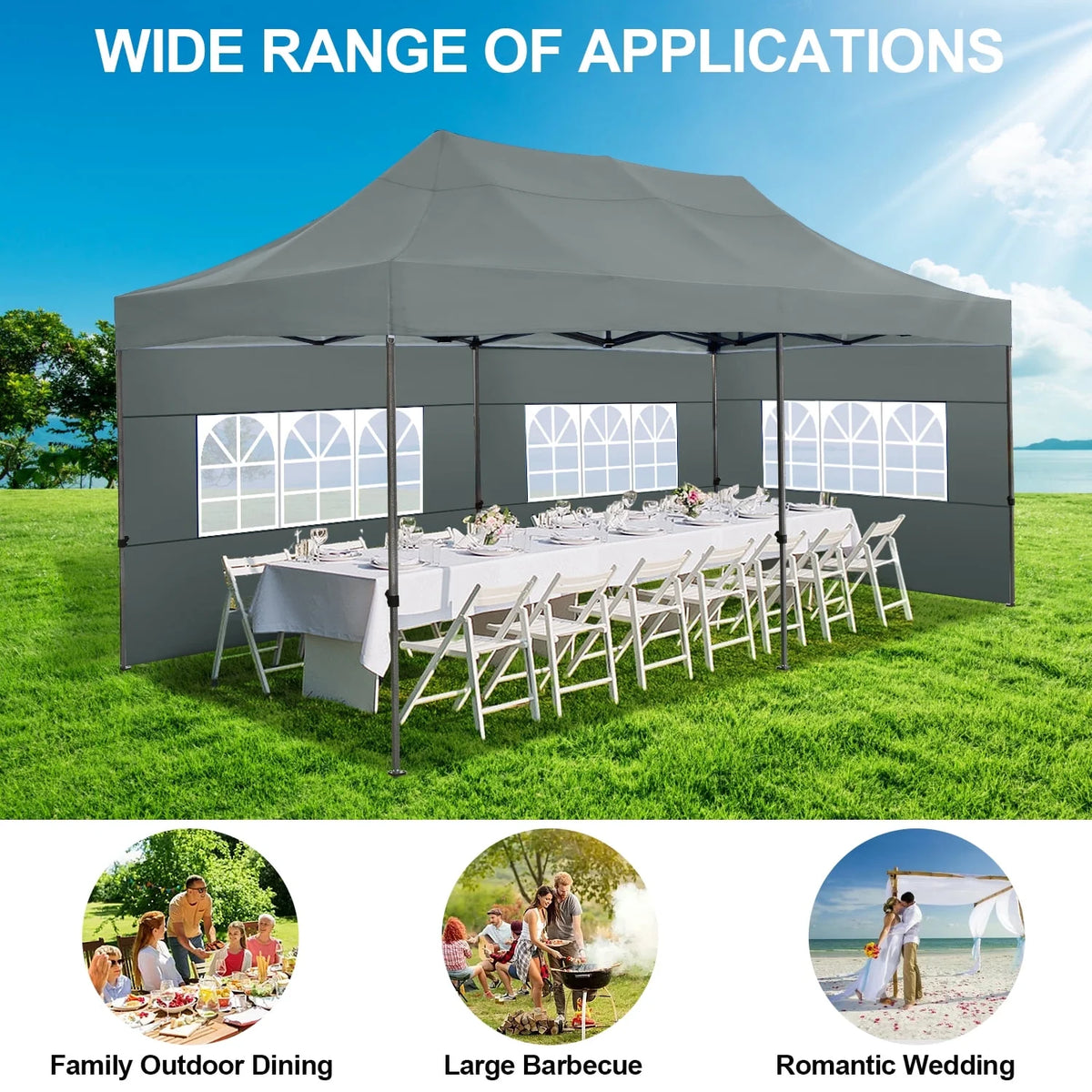 SANOPY 10'x20' Pop Up Canopy Waterproof Folding Tent Outdoor Easy Set-up Instant Tent Heavy Duty Commercial Wedding Party Shelter with 6 Removable Sidewalls, 4 Sandbags, Roller Bag, Black