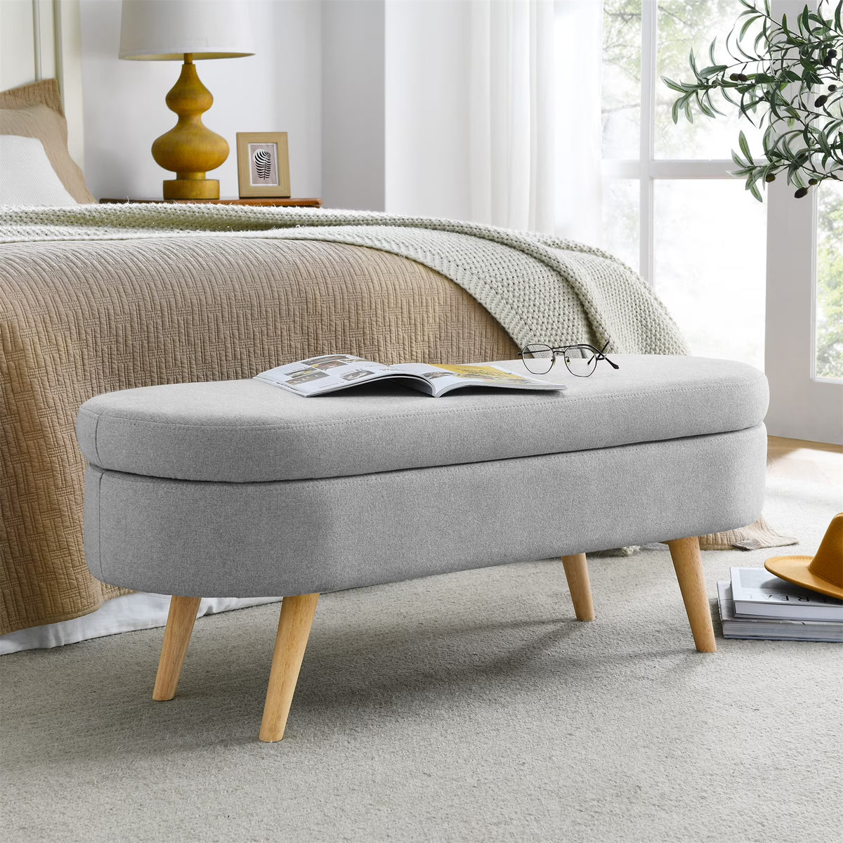 2026 New43.5" Oval Storage Ottoman Bench with Solid Wood Legs, Linen Fabric Upholstered Entryway Bench with Safety Hinge, Indoor Bench for End of Bed, Sofa Side, Entryway