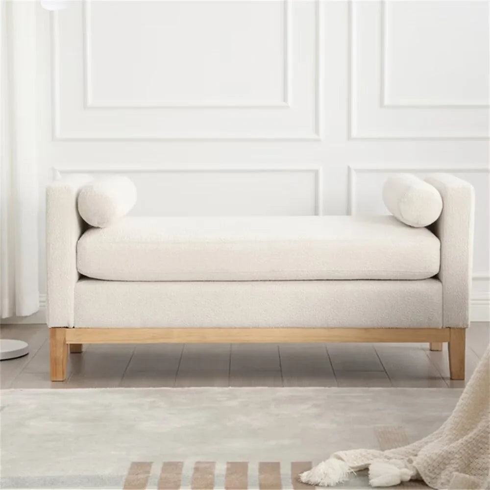 2026 NewEnd of Bed Bench, 53.5" Boucle Fabric Upholstered Entryway Bench with Wood Legs & Bolster Pillows, Rolled Arm Cushioned Ottoman Foot Rest Long Stool Window Extra Seating for Bedroom, Ivory