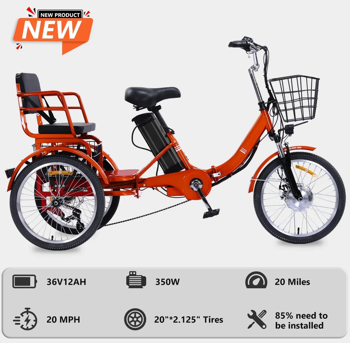 2026 NewNOMIGO Electric Tricycle for Adults Folding Electric Trike 3 Wheel Electric Trike with Two-seater Large Basket Super Powerful Brushless 350W Motor 48V13AH Lithium Battery Max 20MPH E-Tricycle Orange