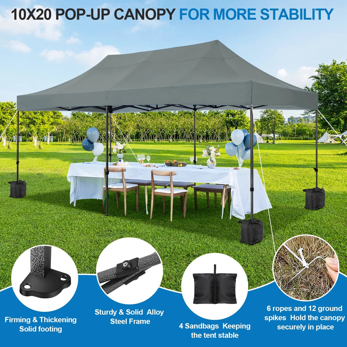 SANOPY 10'x20' Pop Up Canopy Waterproof Folding Tent Outdoor Easy Set-up Instant Tent Heavy Duty Commercial Wedding Party Shelter with 6 Removable Sidewalls, 4 Sandbags, Roller Bag, Black