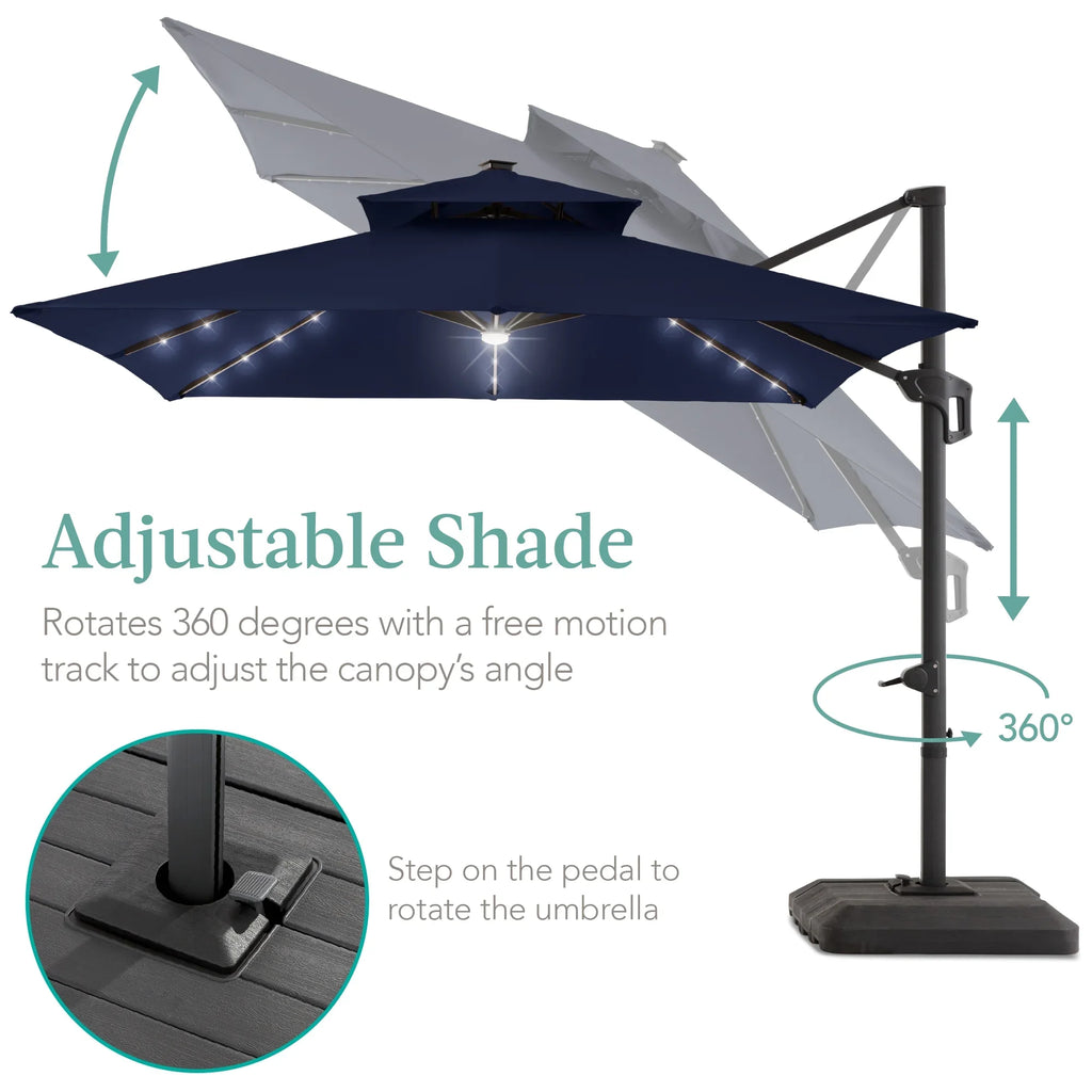 2026 NewBest Choice Products 10x10ft 2-Tier Square Outdoor Solar LED Cantilever Patio Umbrella w/ Base Included - Tan