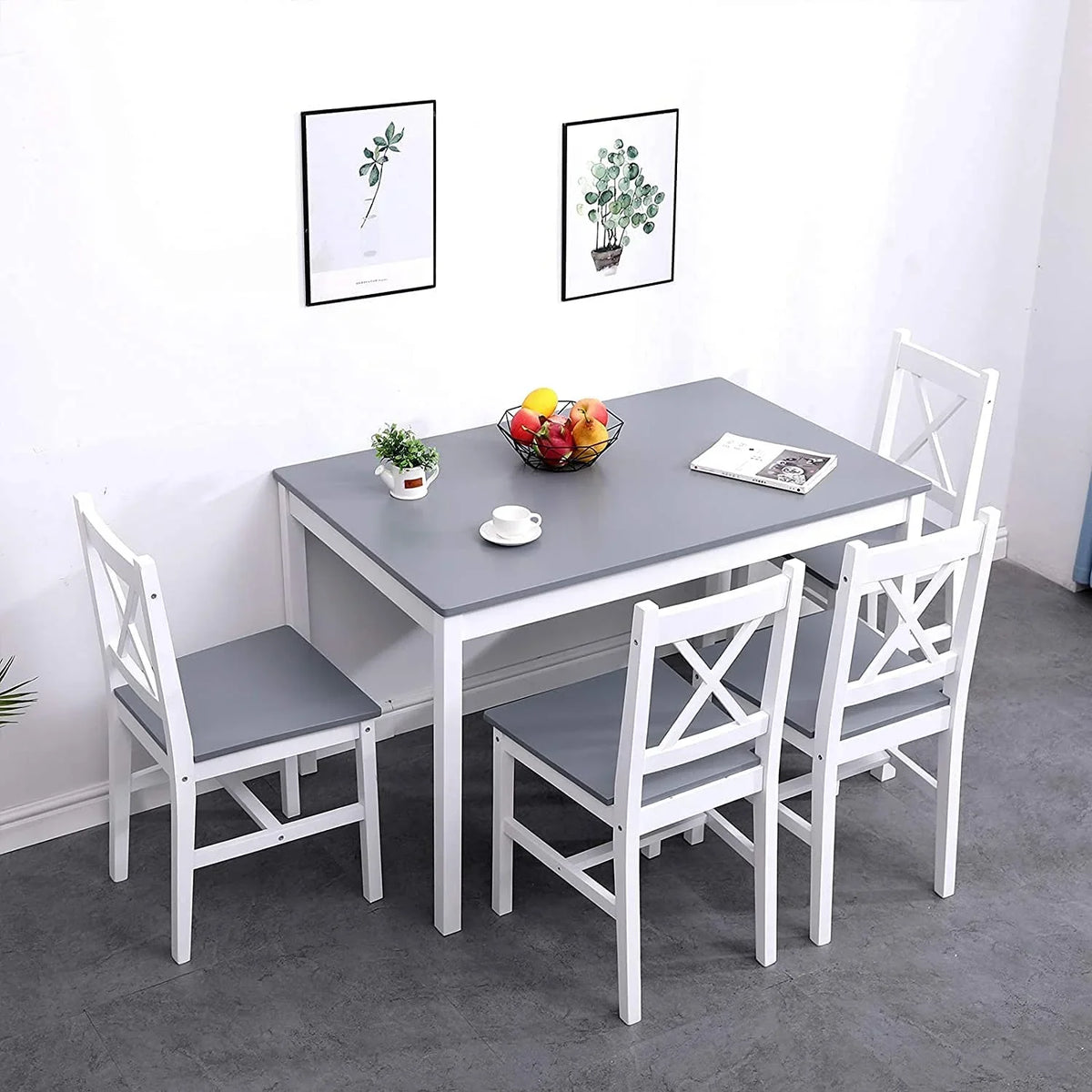 2026 NewSoges 5 Pieces Dining Table Set, Pine Wood Kitchen Dining Table with 4 Chairs, Wood Rectangular kitchen table and chairs for 4, Small Dining Set for Bar Dining Room Breakfast Nook, White and Gray