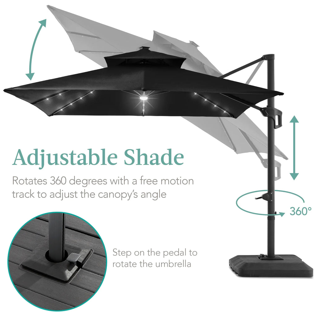 2026 NewBest Choice Products 10x10ft 2-Tier Square Outdoor Solar LED Cantilever Patio Umbrella w/ Base Included - Tan