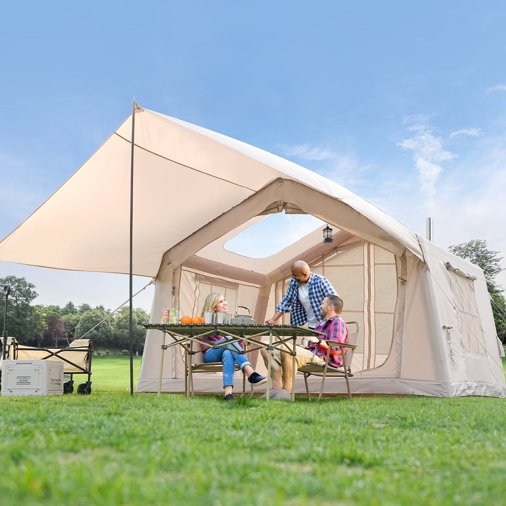 Slsy 4-6 Person Inflatable Camping Tents with Hand Pump & Carry Bag, Air Glamping Tents, Easy Setup Waterproof Windproof Blow up Tent, 4 Seasons Oxford Cabin Tent with Mesh & Chimney Window