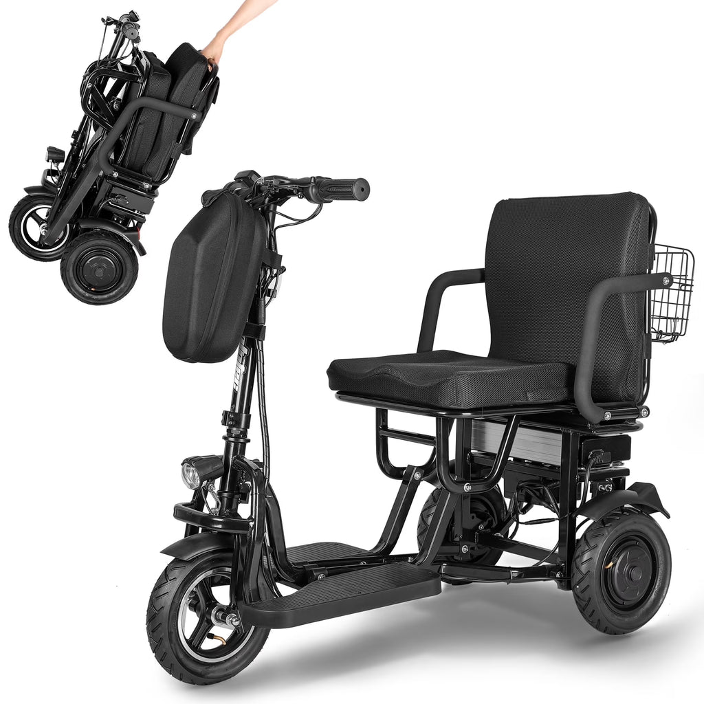 BAMACAR 3-Wheel Folding Mobility Scooter Lightweight for Seniors & Adults 300 lbs, Portable Powered Handicap All Terrain Travel Scooter, Mobility Scooters Foldable Collapsible Electric Scooters Black
