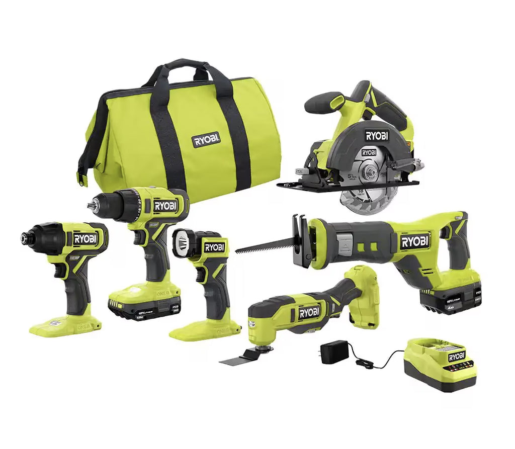 2026 NewRYOBI ONE+ 18V Cordless 6-Tool Combo Kit with 1.5 Ah Battery, 4.0 Ah Battery, and Charger