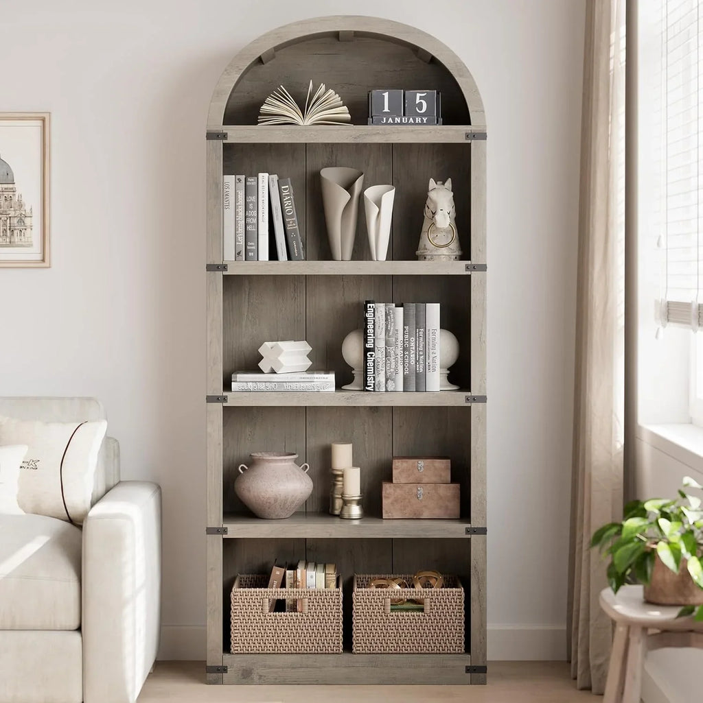2026 NewBookcase 5 Shelf Arched Bookshelf 71.65in Tall Bookcase Farmhouse Display Storage Rack Wooden Bookshelves for Home Office, Living Room(white)