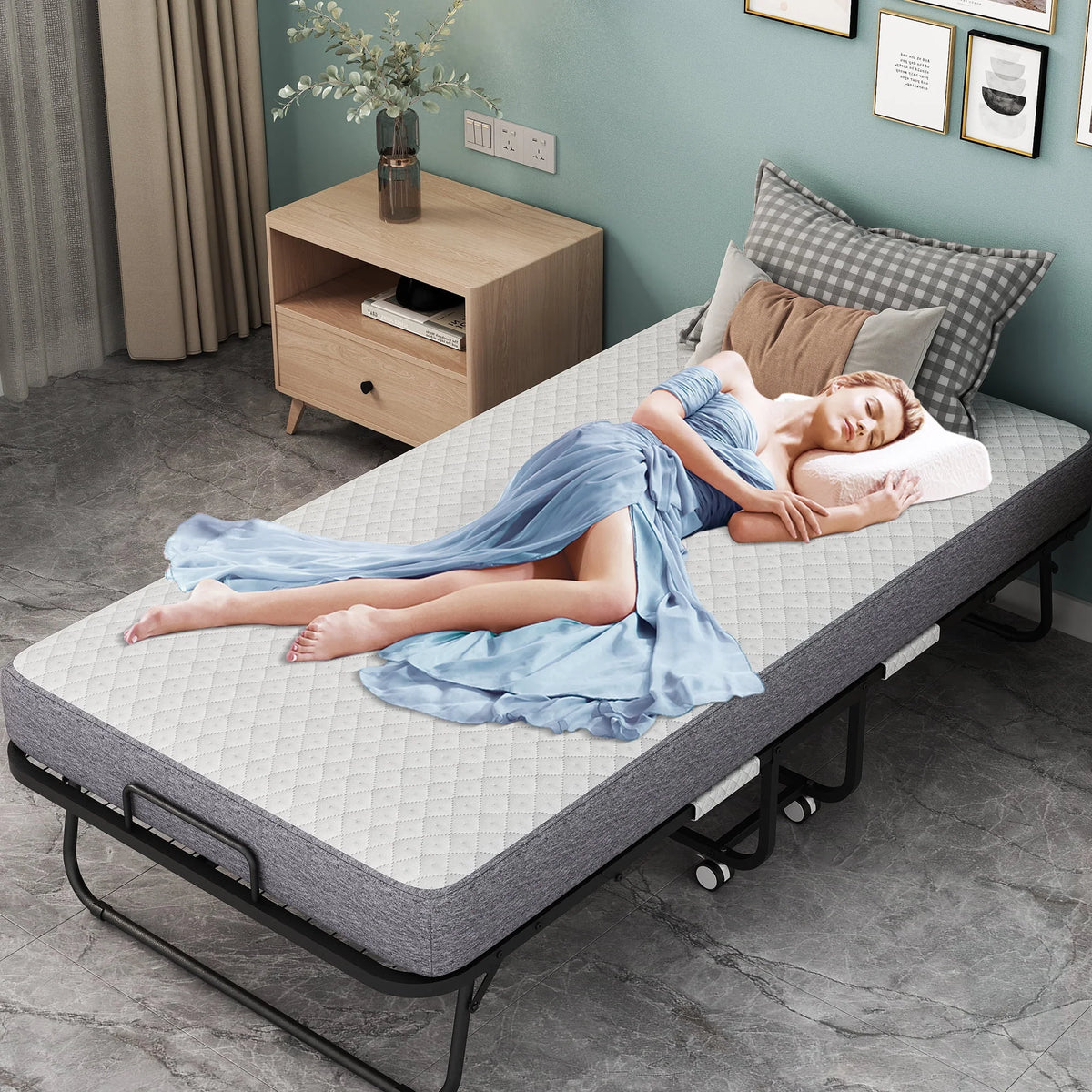 2026 NewFolding Bed with Mattress 75" x 31" Cot Size Folded Bed, Rollaway Guest Bed Portable Foldable Extra Bed for Adults Daybed with 5" Memory Foam Mattress Space-Saving Sturdy Metal Grid Frame