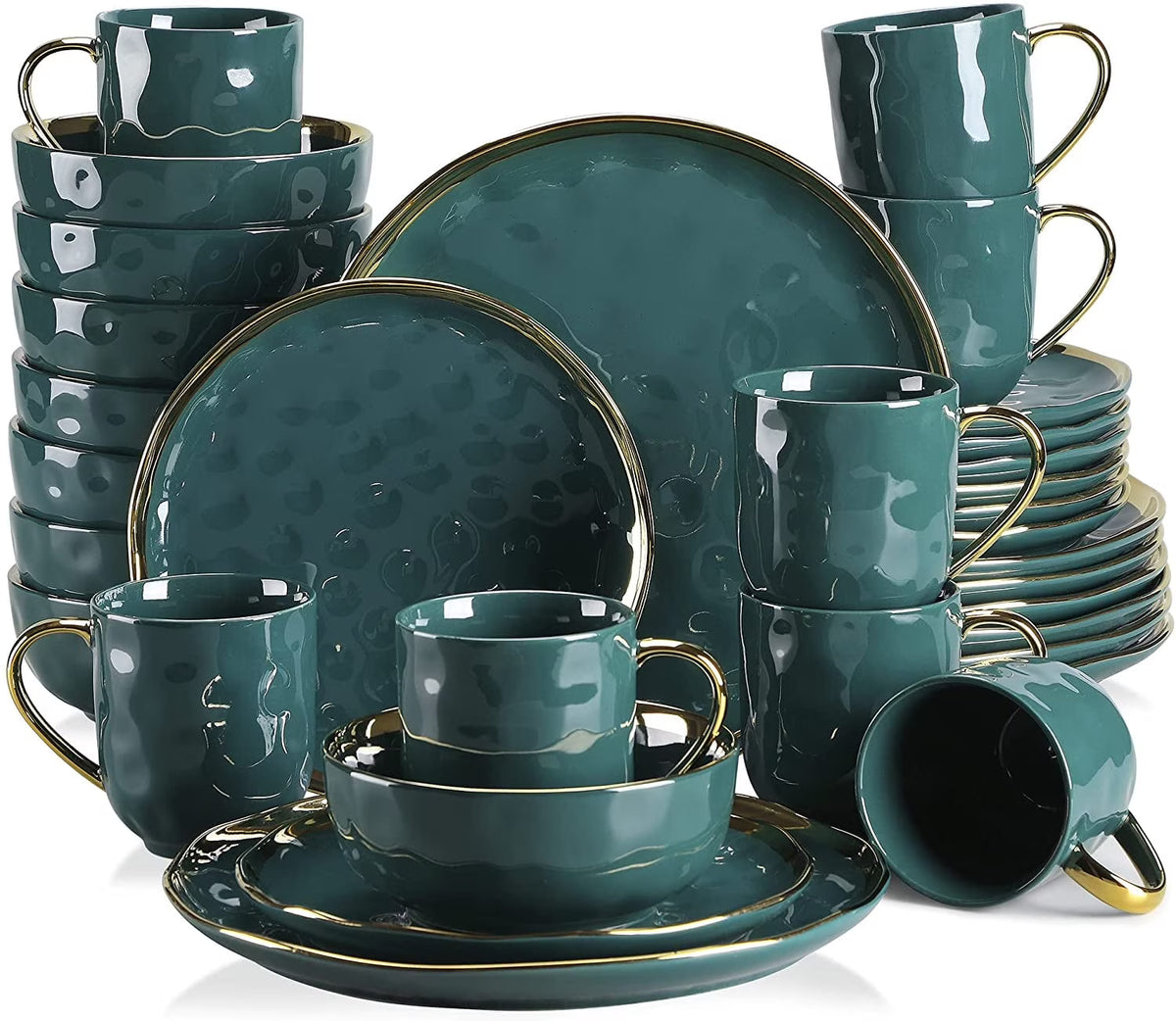 2026 NewLOVECASA Dinnerware Sets, Stoneware Dinner Set for 8, 32-Piece Round Dark Green and Gold, Series Sweet