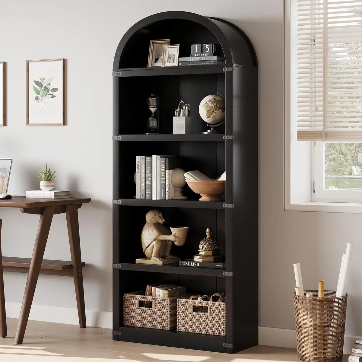 2026 NewBookcase 5 Shelf Arched Bookshelf 71.65in Tall Bookcase Farmhouse Display Storage Rack Wooden Bookshelves for Home Office, Living Room(white)
