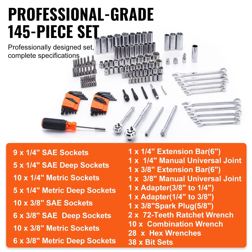 SKYSHALO Mechanics Tool Set and Socket Set, 1/4" and 3/8" Drive Deep & Standard Sockets, 145 Piece SAE and Metric Mechanic Tool Kit with Bits, Combination Wrench, Hex Wrenches, Accessories
