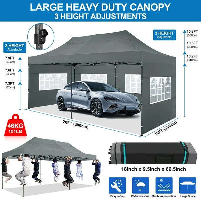 SANOPY 10'x20' Pop Up Canopy Waterproof Folding Tent Outdoor Easy Set-up Instant Tent Heavy Duty Commercial Wedding Party Shelter with 6 Removable Sidewalls, 4 Sandbags, Roller Bag, Black