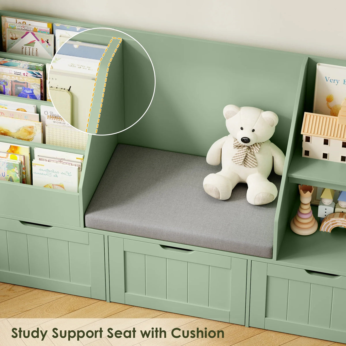 2026 NewHomfa Kids Bookshelf with Reading Nook & 3 Movable Drawers, 2 Cube Bookcase with 4-Tier Book Racks, Toy Storage Organizer for Playroom Bedroom, White