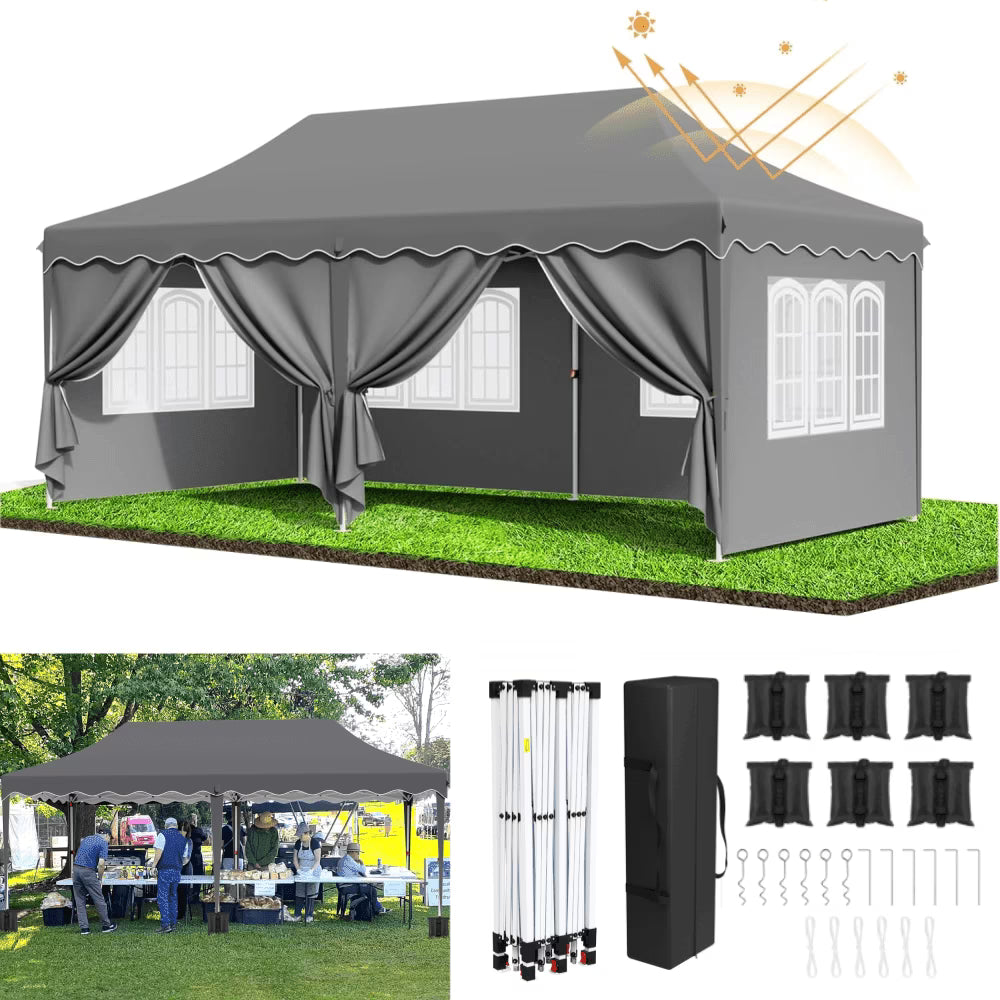 LAZY BUDDY 10'x20' Pop up Canopy Tent with 6 Sidewalls, Heavy Duty Outdoor Canopy Tent Commercial Instant Folding Sun Shelter for Party, Wedding, Camping