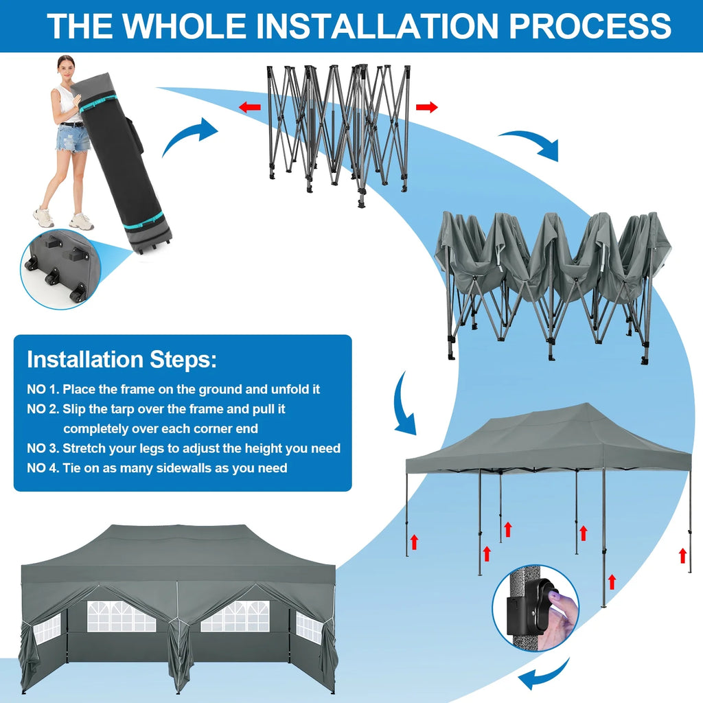 SANOPY 10'x20' Pop Up Canopy Waterproof Folding Tent Outdoor Easy Set-up Instant Tent Heavy Duty Commercial Wedding Party Shelter with 6 Removable Sidewalls, 4 Sandbags, Roller Bag, Black