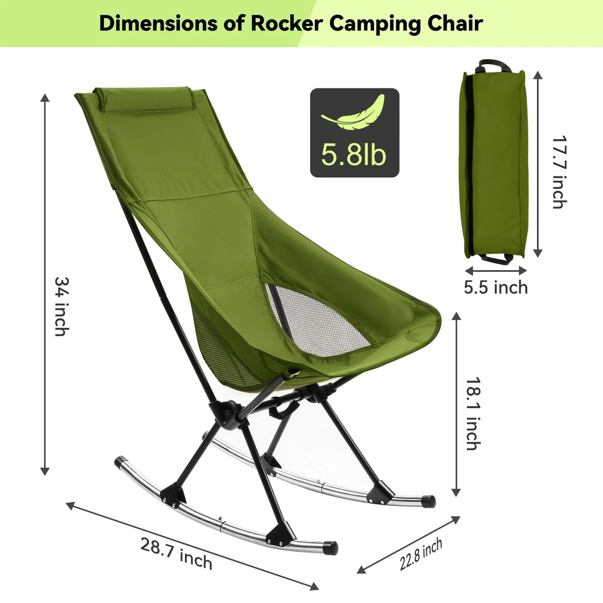 Camping Chair, VECUKTY High Back Rocking Chair 240 lbs Capacity, Heavy Duty Compact Outdoor Portable Folding Rocker Chair for Camping Hiking Gardening Travel Beach Picnic,Green