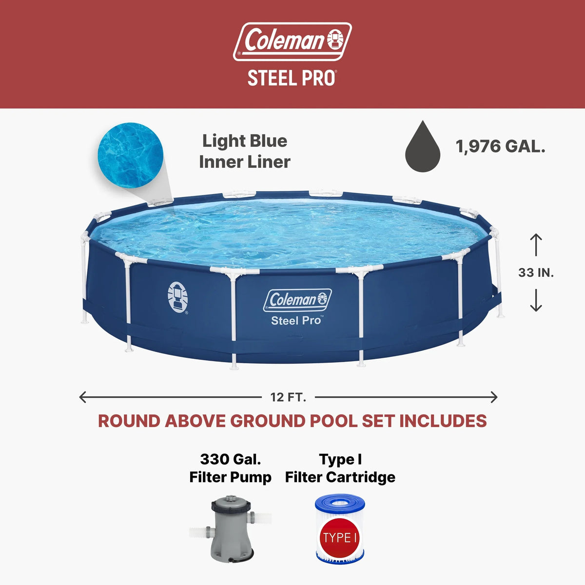 2026 NewColeman Steel Pro 12 ft. x 33 in. Round Metal Frame Above Ground Pool Set