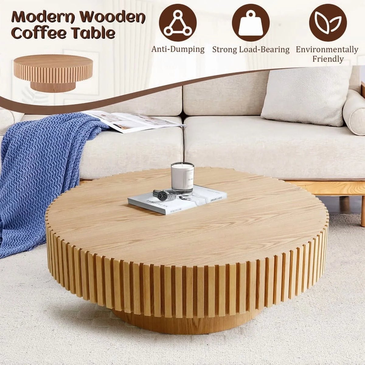 2026 NewFFH 43.7 inch Oval Coffee Table for Living Room,Handcraft Rustic Corner Coffee Table Nature Wood Relief Sturdy Pedestal for Apartmen,Side Table Centre Table,Nature Wood