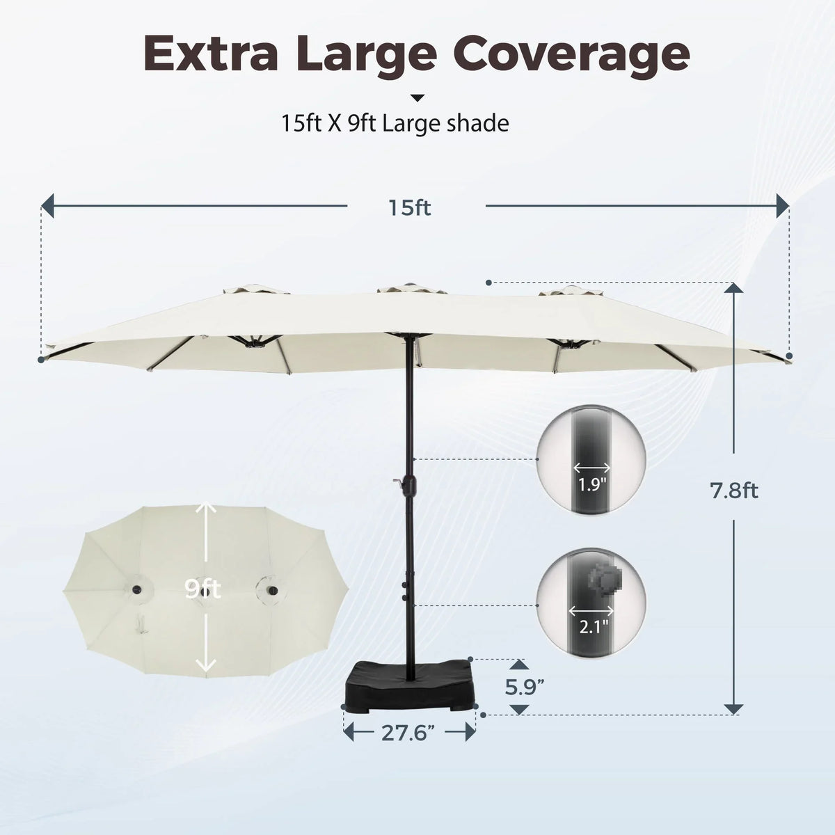 2026 NewAlpha Joy 15ft Outdoor Patio Umbrella Extra-Large Double-Sided Garden Umbrella with Crank Handle and Base - Smoky Gray