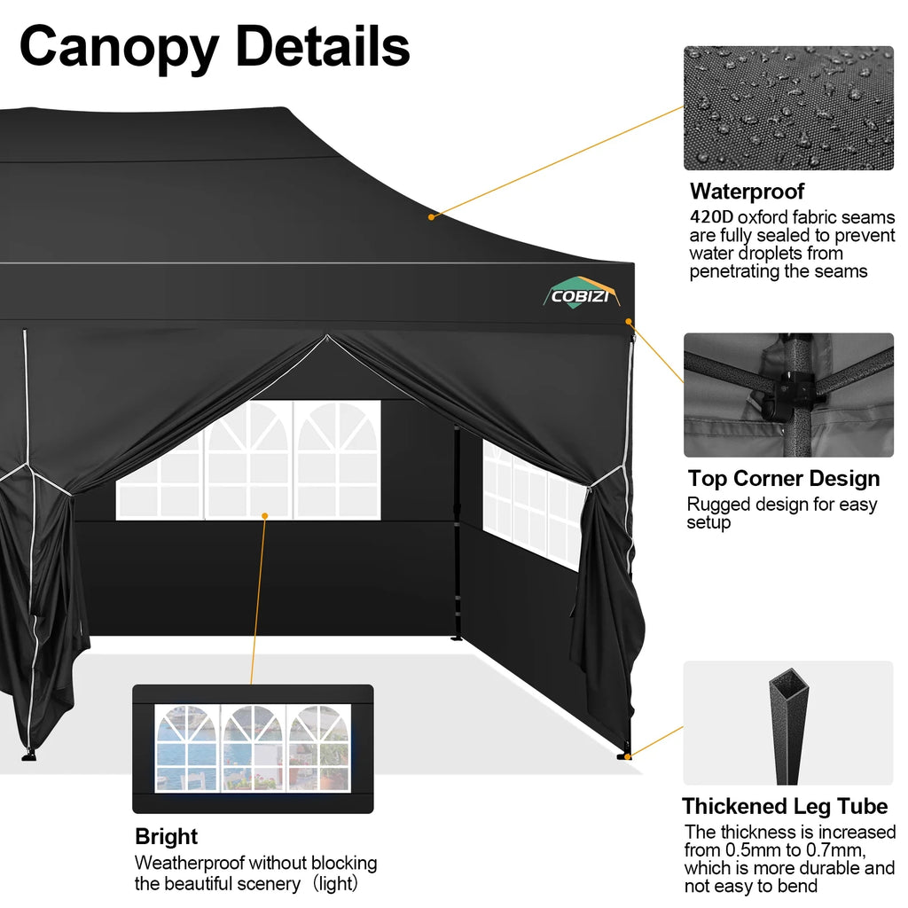 COBIZI 10x20 Heavy Duty Pop up Canopy Tent with 6 sidewalls Easy Up Commercial Outdoor Canopy Wedding Party Tent for Beach All Season Wind & Waterproof Gazebo with Roller Bag,Black(Frame Thickened)
