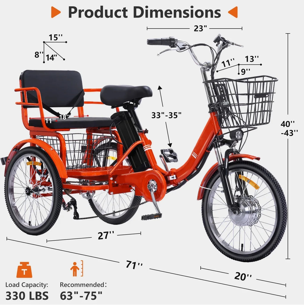 2026 NewNOMIGO Electric Tricycle for Adults Folding Electric Trike 3 Wheel Electric Trike with Two-seater Large Basket Super Powerful Brushless 350W Motor 48V13AH Lithium Battery Max 20MPH E-Tricycle Orange