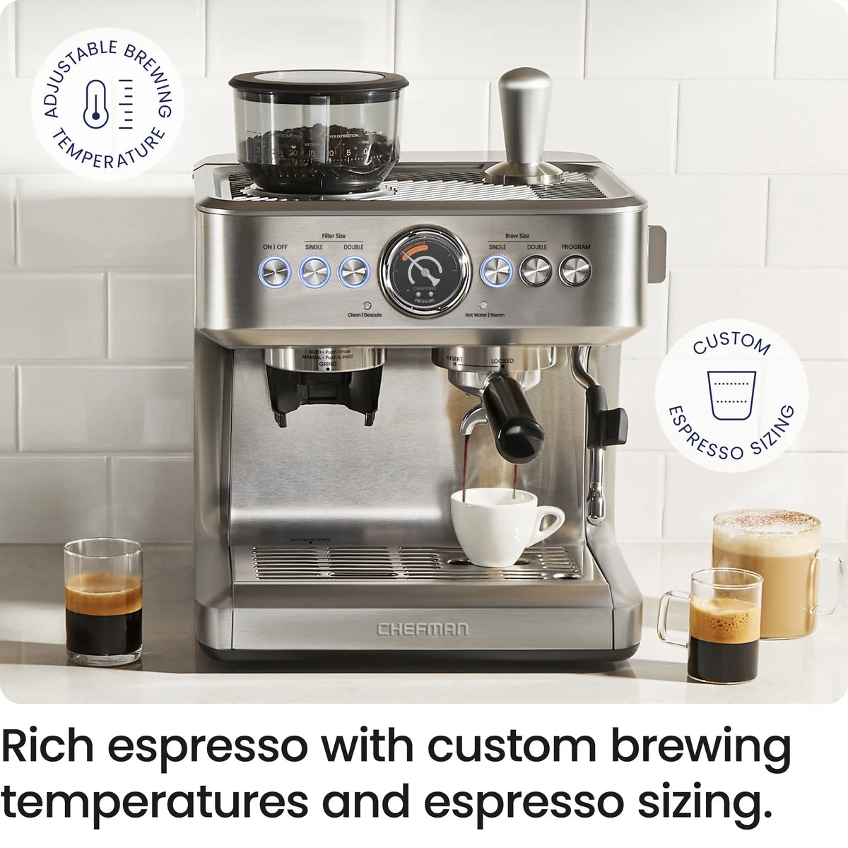 2026 NewChefman Crema Supreme Espresso Machine with Conical Burr Grinder and Steam Wand a. Stainless Steel, New