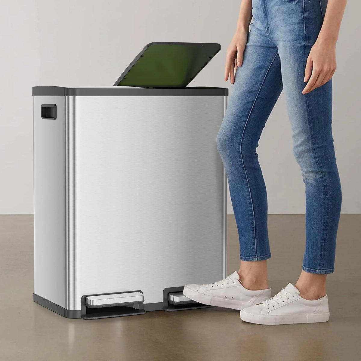 2026 NewEDX 2 x 8.3 Gallon Dual Garbage Recycle Trash Can with Lid, Inner Buckets for Kitchen, Stainless Steel, Sliver