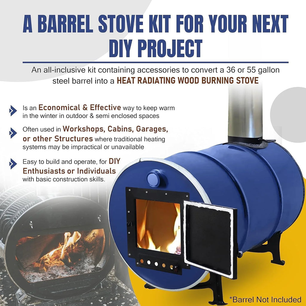 Barrel Stoves Kit -C Perfect For 30-55 Gallon Drum Wood Stove Kit - Wood Burning Stove Kit Barrel Stove Door - Fire Wood Camp Stove Kit Wood Stove Kit for Emergency Heating & Cooking