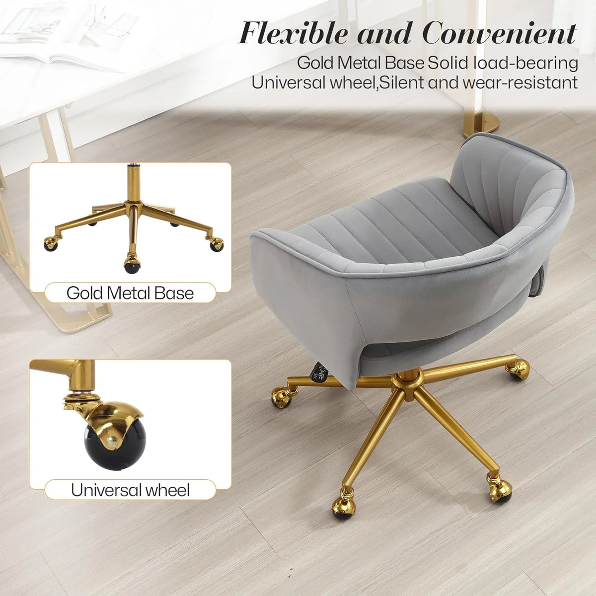 2026 NewHome Office Swivel Desk Chair, Modern Velvet Vanity Chair, Height Adjustable Armchair with Gold Base, Ergonomic Office Chair for Task Study Computer Room, Beige