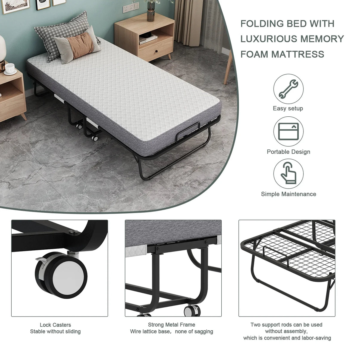 2026 NewFolding Bed with Mattress 75" x 31" Cot Size Folded Bed, Rollaway Guest Bed Portable Foldable Extra Bed for Adults Daybed with 5" Memory Foam Mattress Space-Saving Sturdy Metal Grid Frame