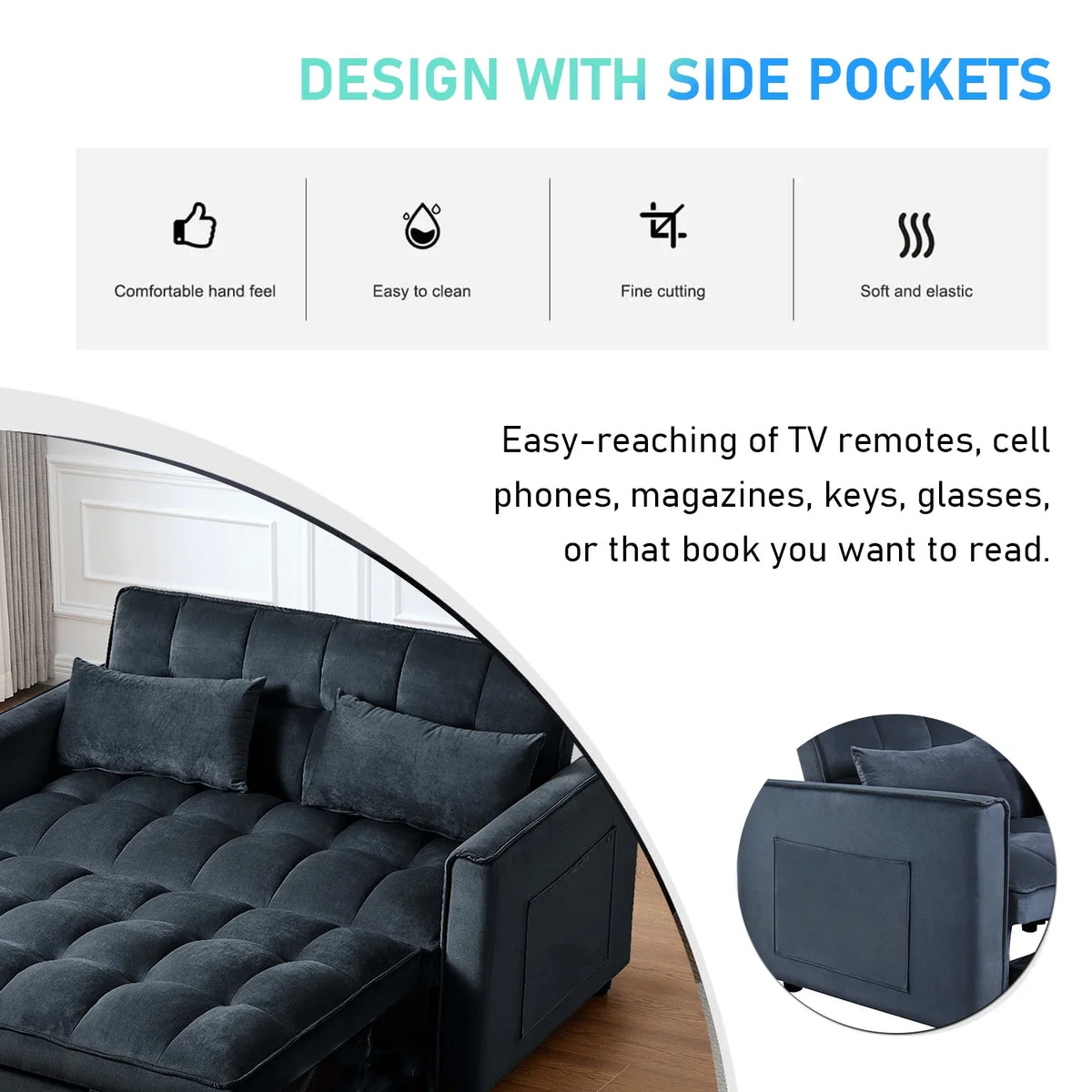 2026 New3 in 1 Convertible Sleeper Sofa Bed, Futon Couches for Living Room with Side Pocket | Adjustable Backrest| Velvet Fabric | Pull Out Couch | Love-seat sofa| Sectional Sofa Bed| 2-seat sofa bed