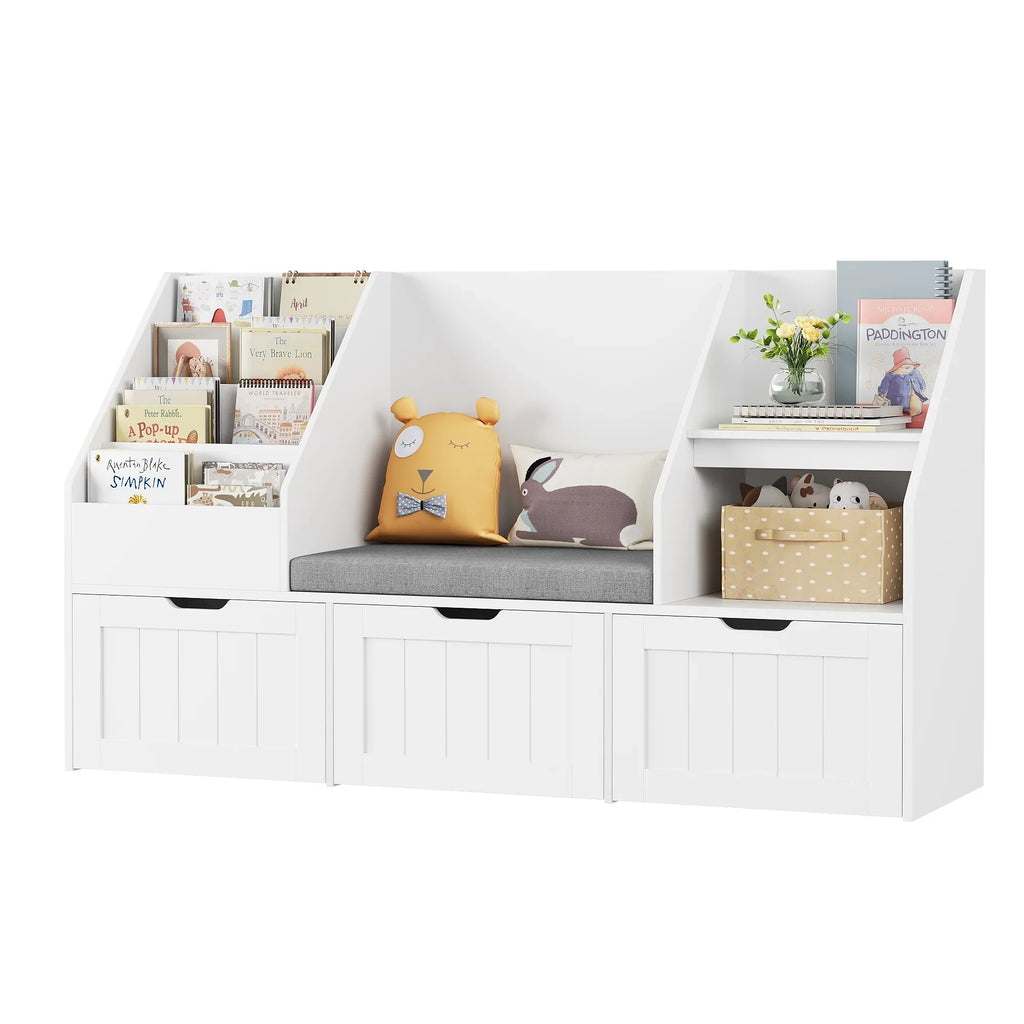 2026 NewHomfa Kids Bookshelf with Reading Nook & 3 Movable Drawers, 2 Cube Bookcase with 4-Tier Book Racks, Toy Storage Organizer for Playroom Bedroom, White