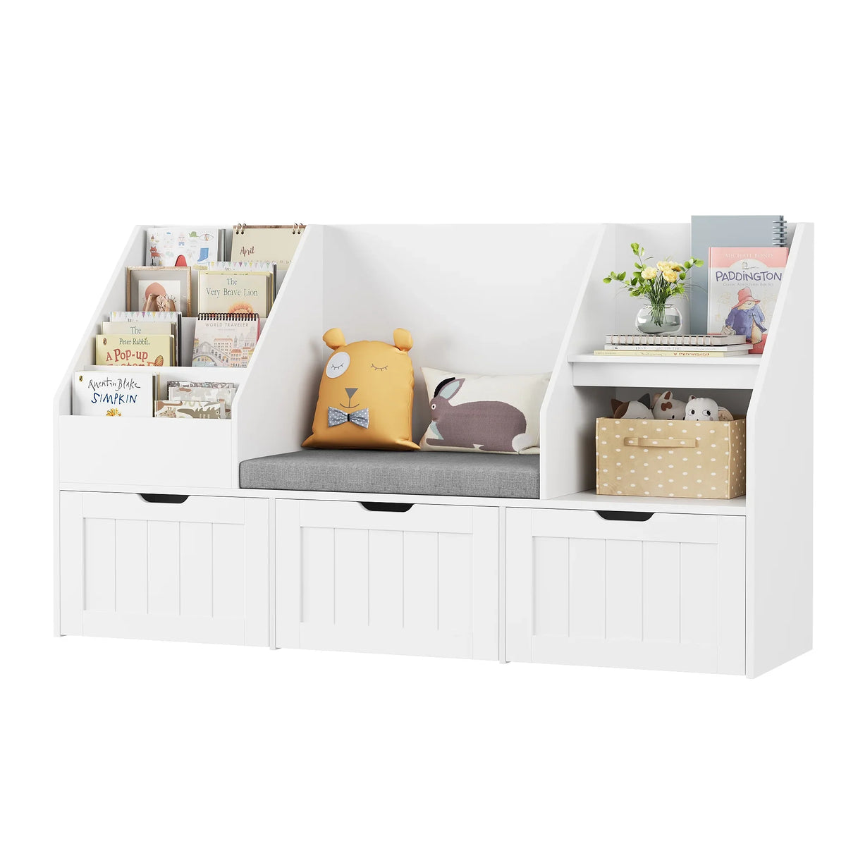 2026 NewHomfa Kids Bookshelf with Reading Nook & 3 Movable Drawers, 2 Cube Bookcase with 4-Tier Book Racks, Toy Storage Organizer for Playroom Bedroom, White
