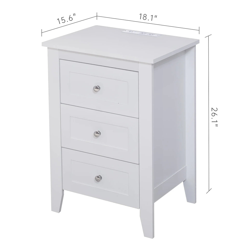 2026 NewGlavbiku Modern White 3 Drawer Nightstand Set of 2 with USB Ports & Power Outlets for Bedrooms,Adult