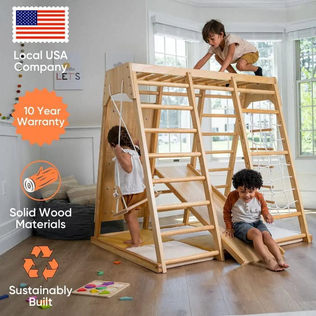 2026 NewAvenlur Indoor Toddler and Child Indoor Gym Playground Climber - Real Wooden Playset 6-in-1 Slide, Rock Climb Wall, Rope Wall Climbing, Monkey Bars, Swing, Ladder Fun Gym for Children