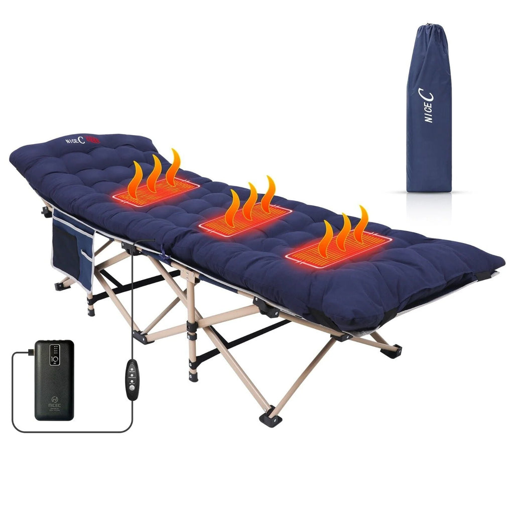 Nice C Camping Cots Heatable w/Mattress, Cots for Adults, Folding Cot, Lounge Chair, w/Carry Bag Extra Wide, Heavy Duty Holds Up to 500 Lbs, Power Bank Included (1-Pack, Navyblue)