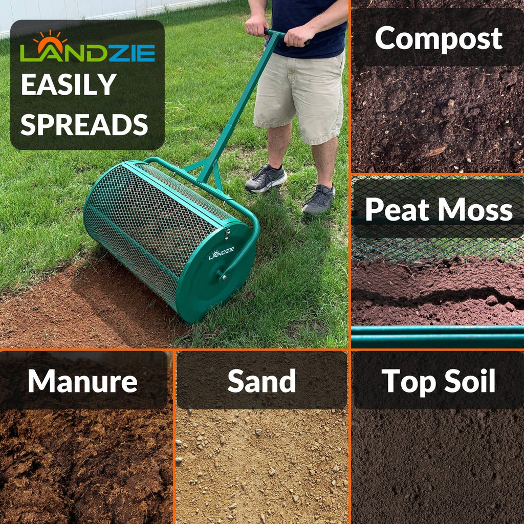 2026 NewLandzie Compost Spreader 24 Inch Walk-Behind Lawn & Garden Spreader with Metal Mesh Basket