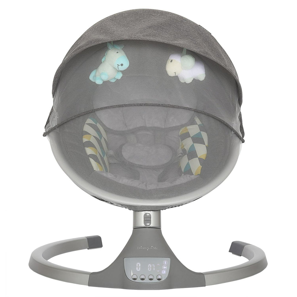 2026 NewDream On Me Zazu Baby Swing. Baby Swing for Infant. 5 - Swinging Speed. Two Attached Toys. Bluetooth Enabled and Remote Control. Grey and Blue